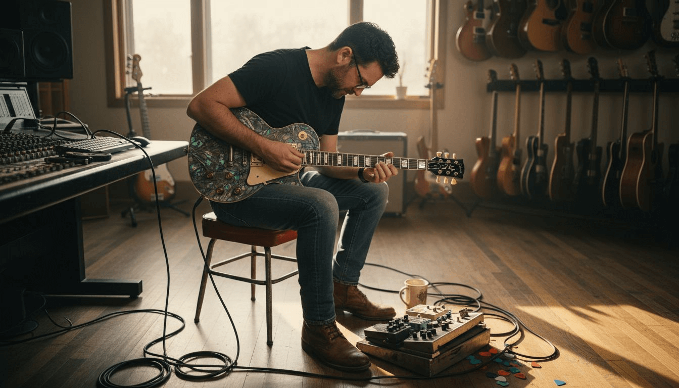 Guitarist tuning high-end guitar in studio