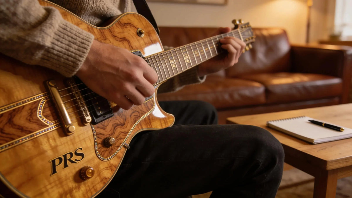 Musician playing a PRS guitar in a cozy indoor setting, showcasing craftsmanship and creativity