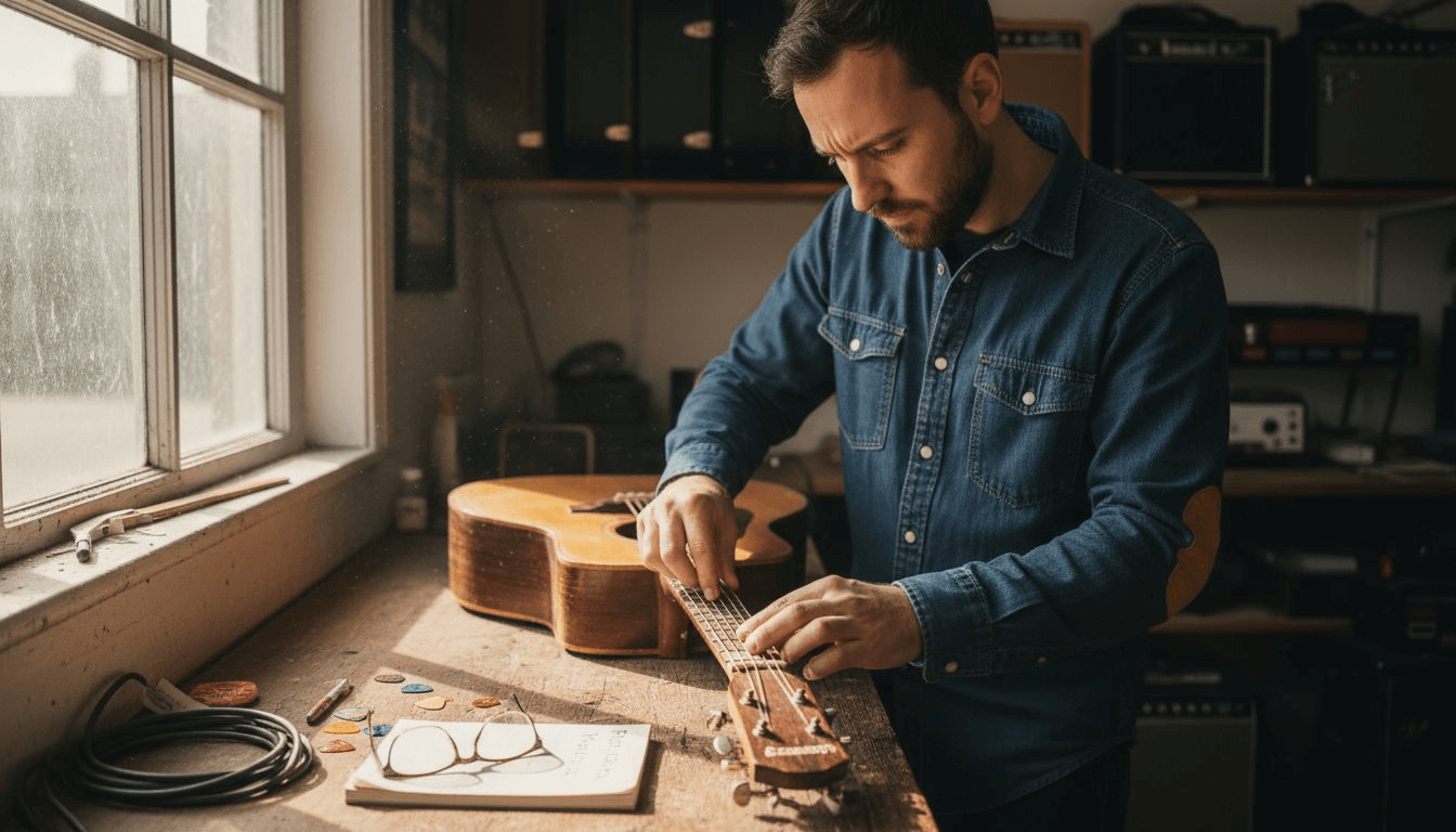 Guitarist measuring string height at fretboard
