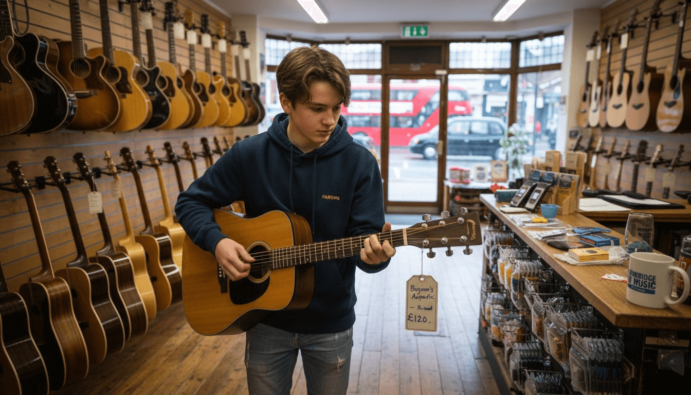 Teen boy shopping for first guitar in UK shop