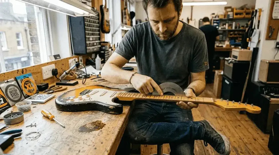 Technician measuring guitar fretboard radius