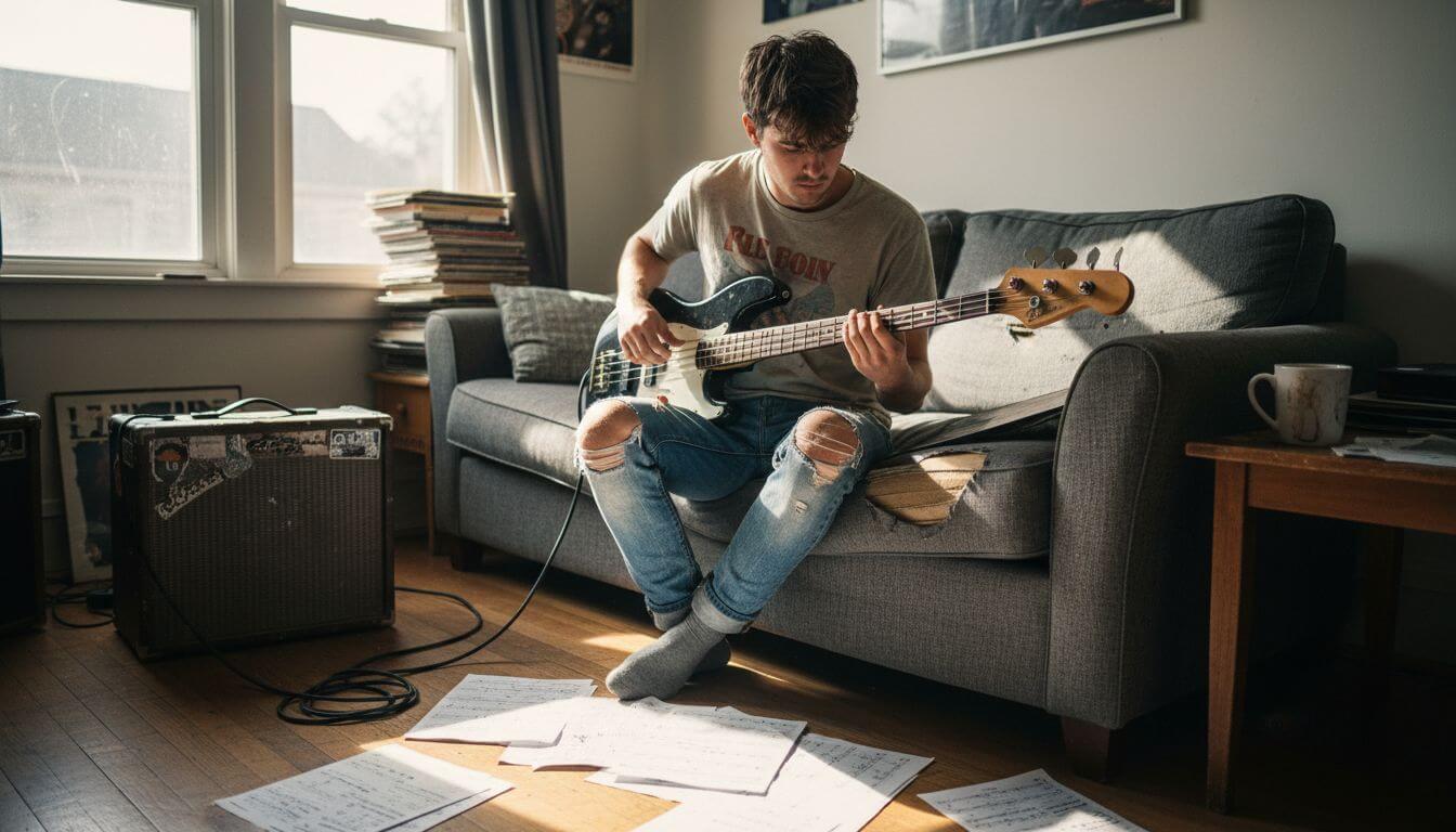 Young man practicing bass guitar scales at home