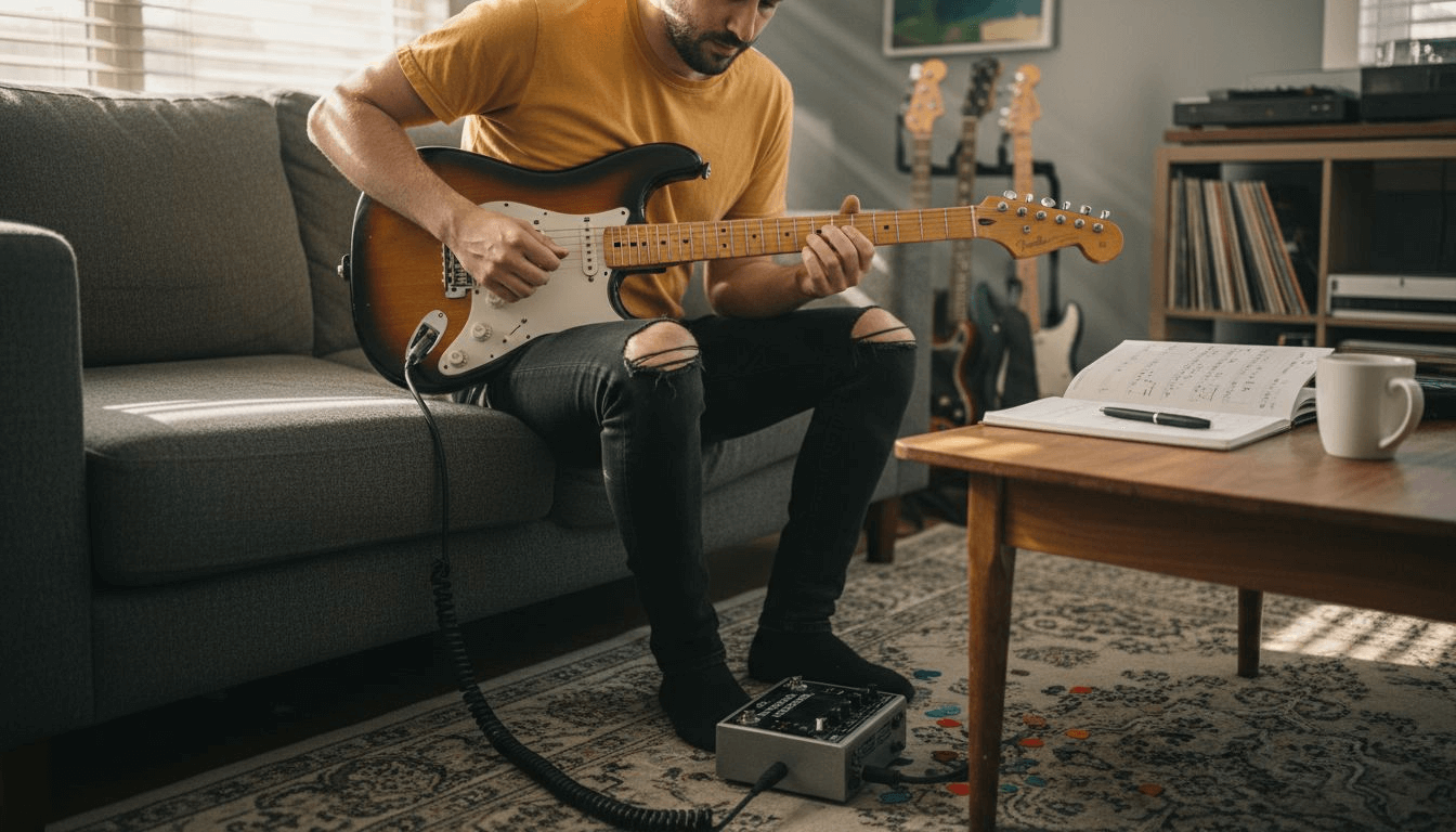 Guitarist adjusting amp modeller pedal in living room