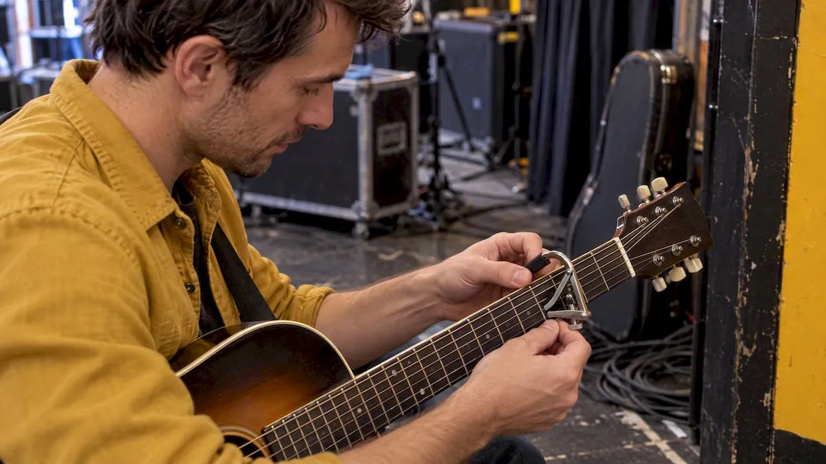 Guitarist fitting a capo before playing