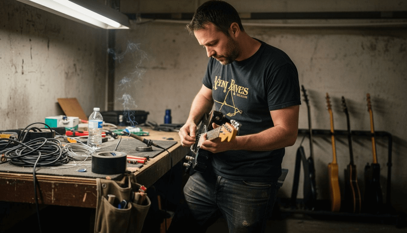 Guitar technician prepping instrument backstage