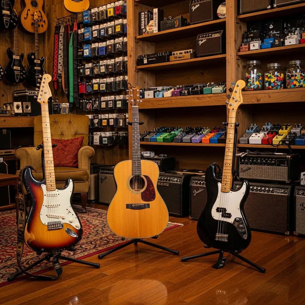 A variety of used guitars displayed in a cozy music shop, emphasizing the appeal of second-hand instruments