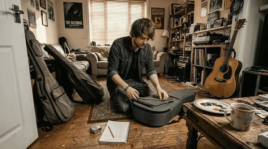 Guitarist inspecting gig bags in a living room