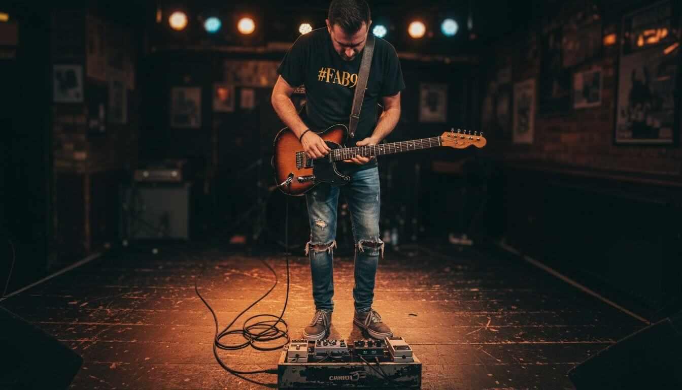 Guitarist adjusting premium leather strap on stage