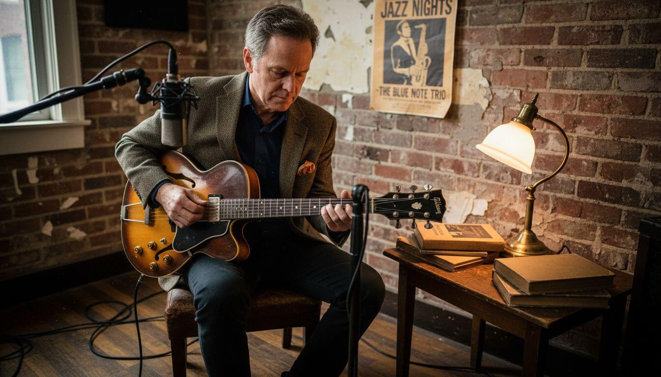 Jazz guitarist tuning hollow body guitar studio