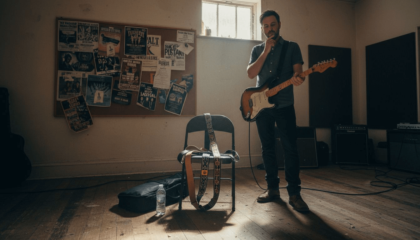 Guitarist examining multiple guitar straps options