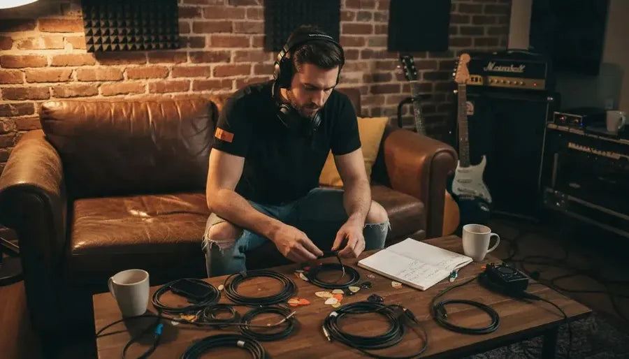 Guitarist choosing guitar cable in studio