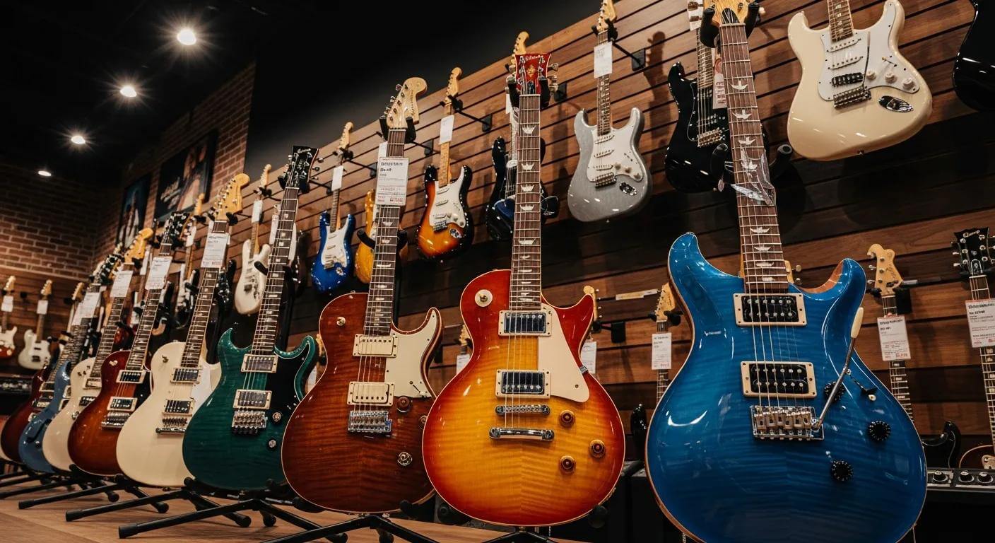 A collection of electric guitars including Fender Stratocaster, Gibson Les Paul, and PRS Custom in a music store, showcasing their unique designs and colors.