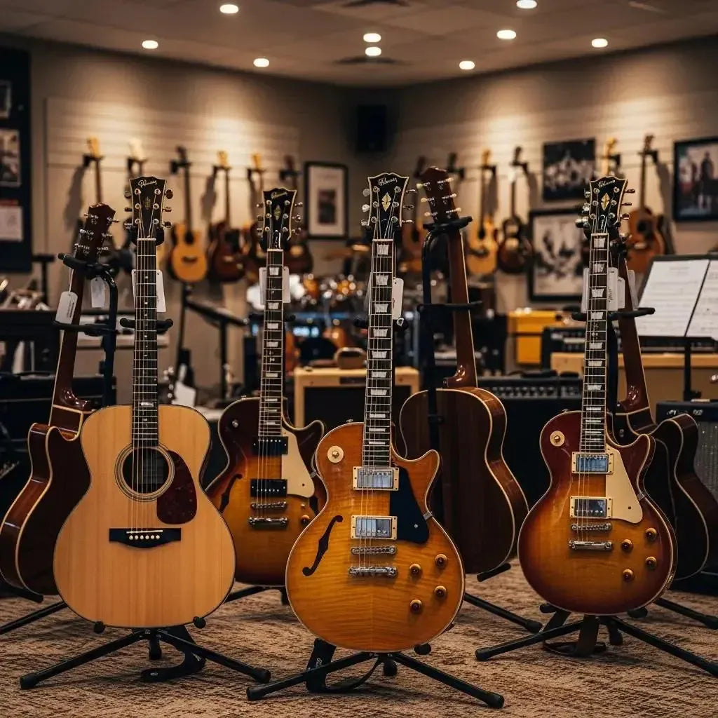 Selection of high-quality guitars under £1000 in a music store