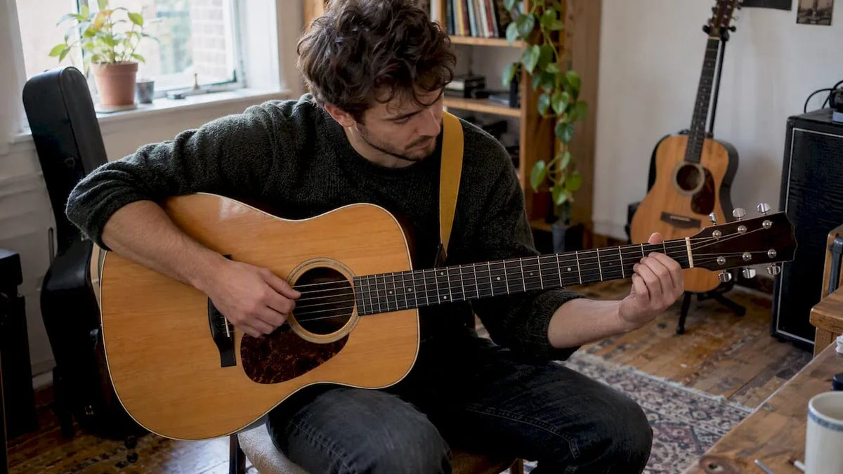 Guitarist testing an acoustic guitar in open D