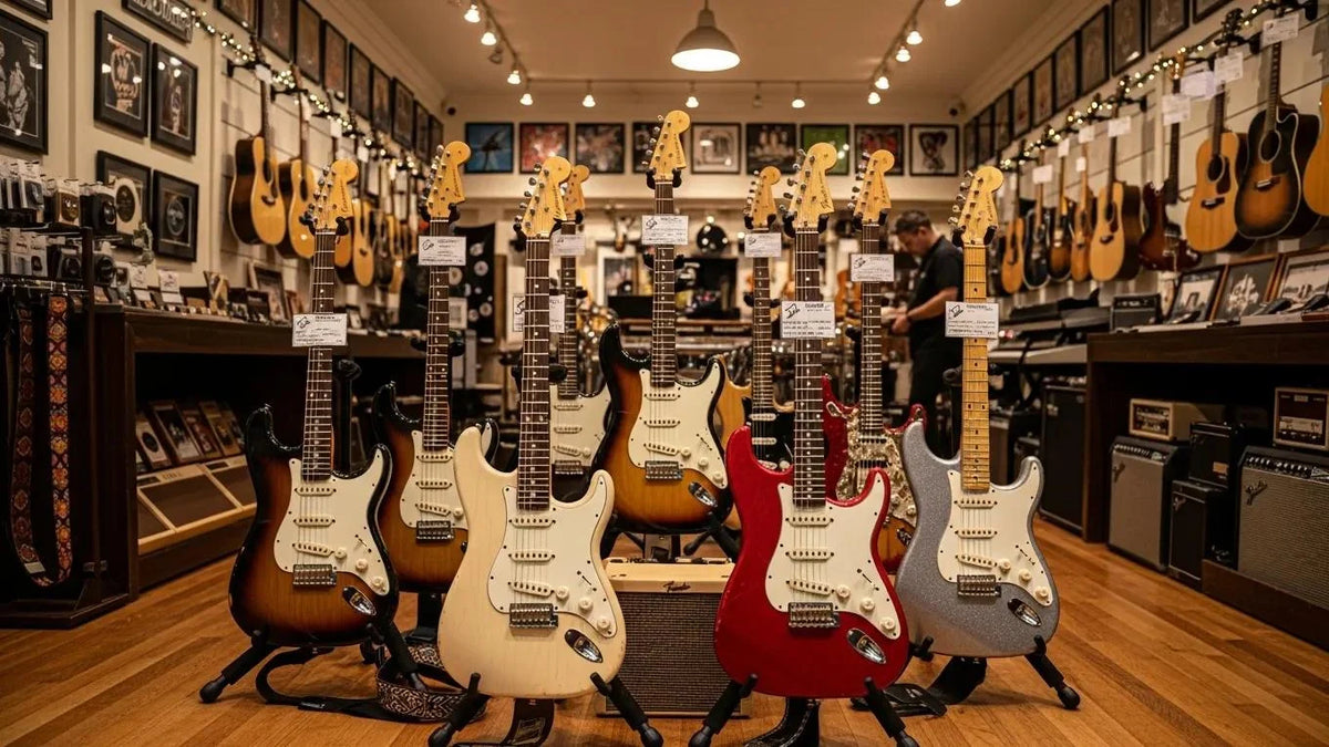 Display of various Fender Stratocaster models in a warm music shop setting
