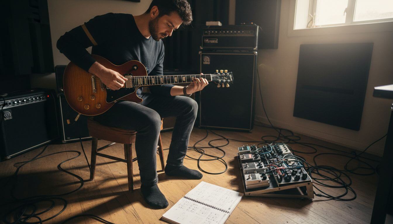 Guitarist tuning electric guitar with humbucker pickups