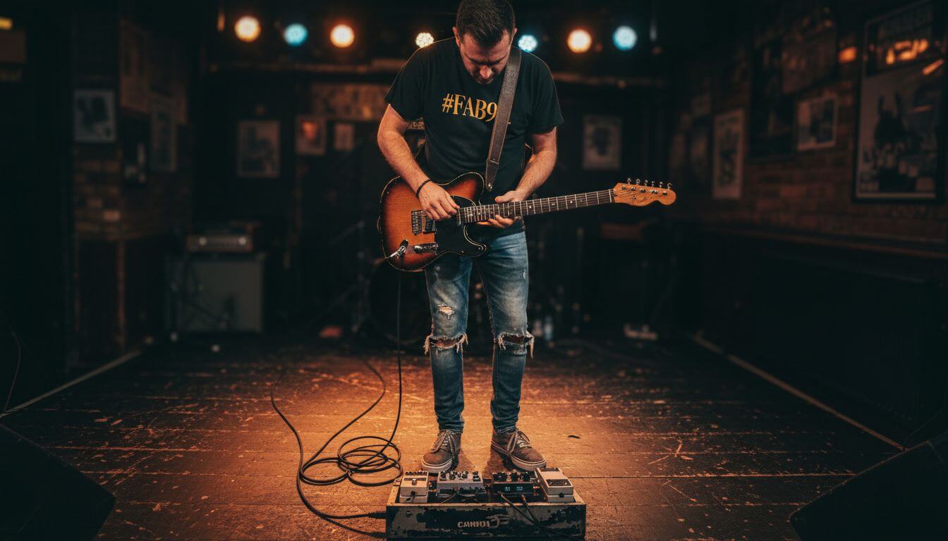 Guitarist adjusting premium leather strap on stage