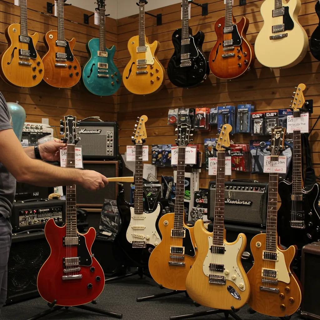 Diverse selection of used electric guitars in a music shop, showcasing various brands and styles