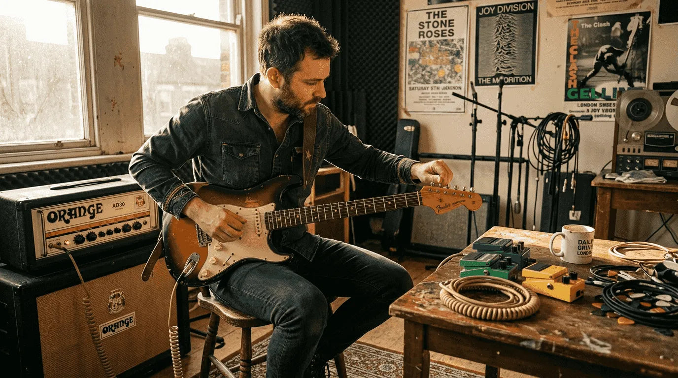 Guitarist tuning electric guitar near vintage tube amp