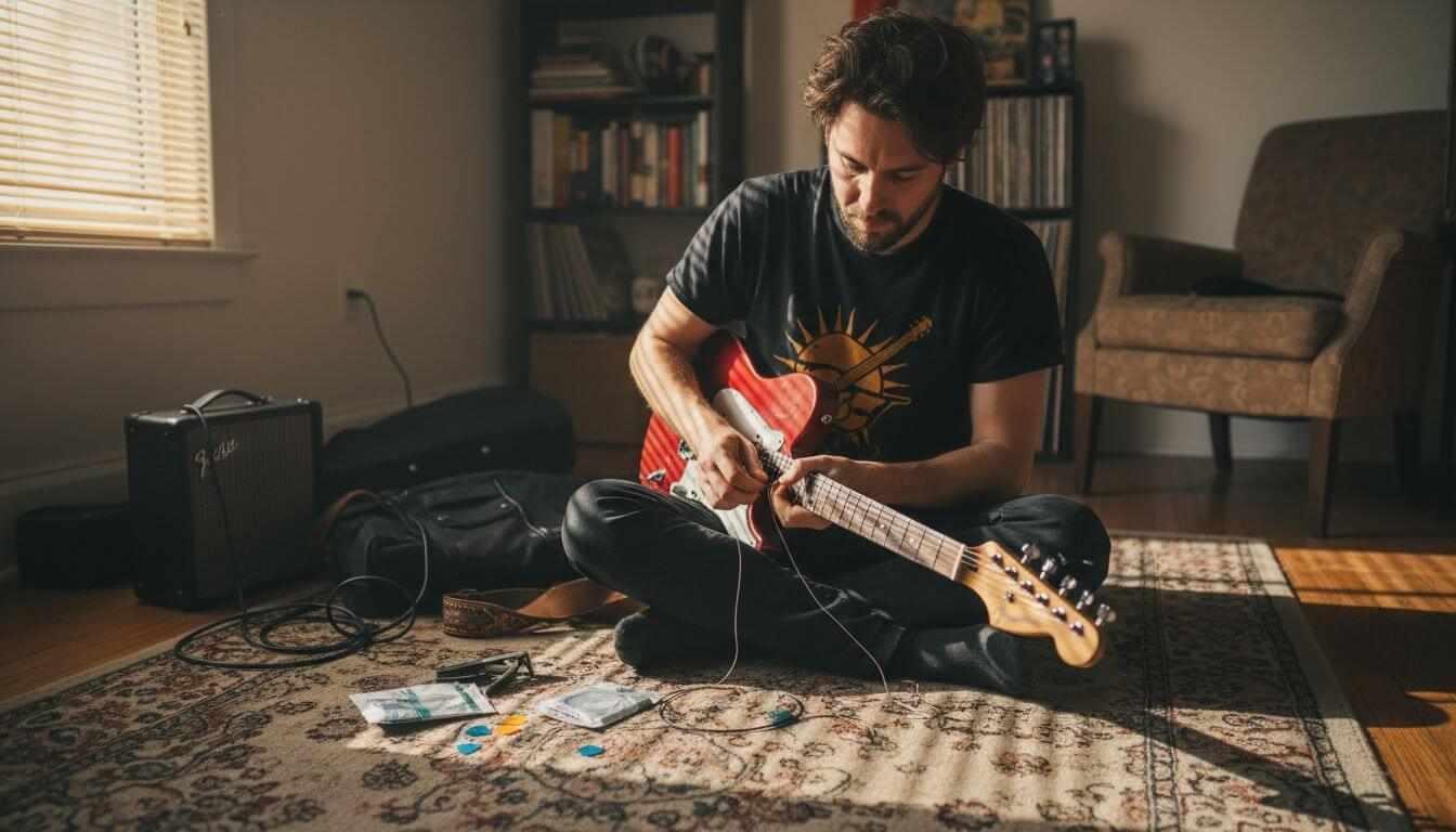 Guitarist surrounded by must-have accessories
