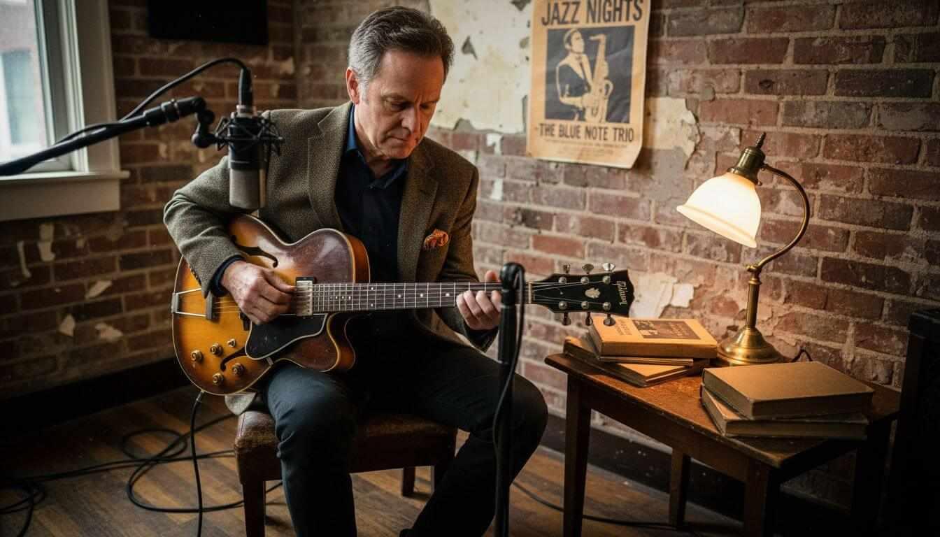 Jazz guitarist tuning hollow body guitar studio