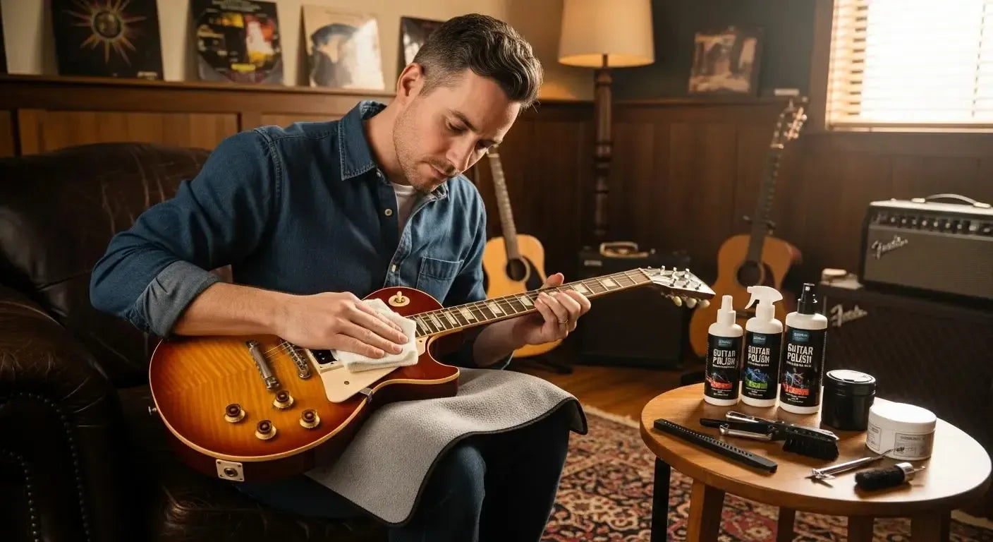 Musician cleaning a high-end guitar with specialized products