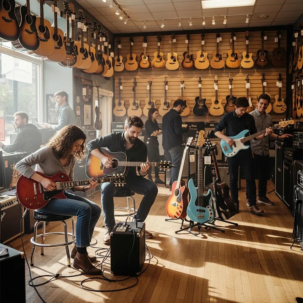 Guitar shop with musicians testing instruments, highlighting a lively shopping atmosphere