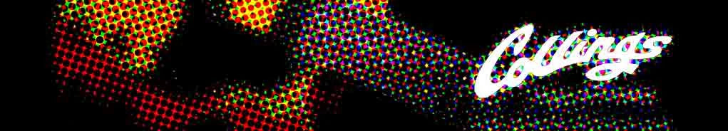 Collings electric guitars UK logo with colorful design on a black background.