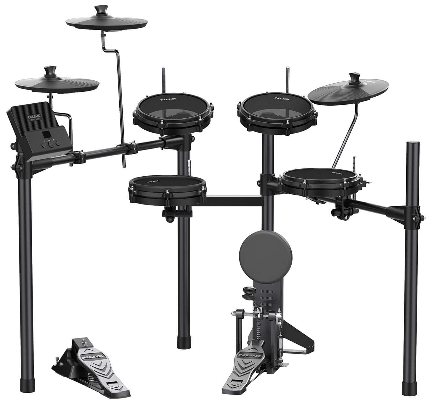 NU>X DM-110 Digital drum kit with mesh pads and dual zone cymbals for enhanced drumming experience.