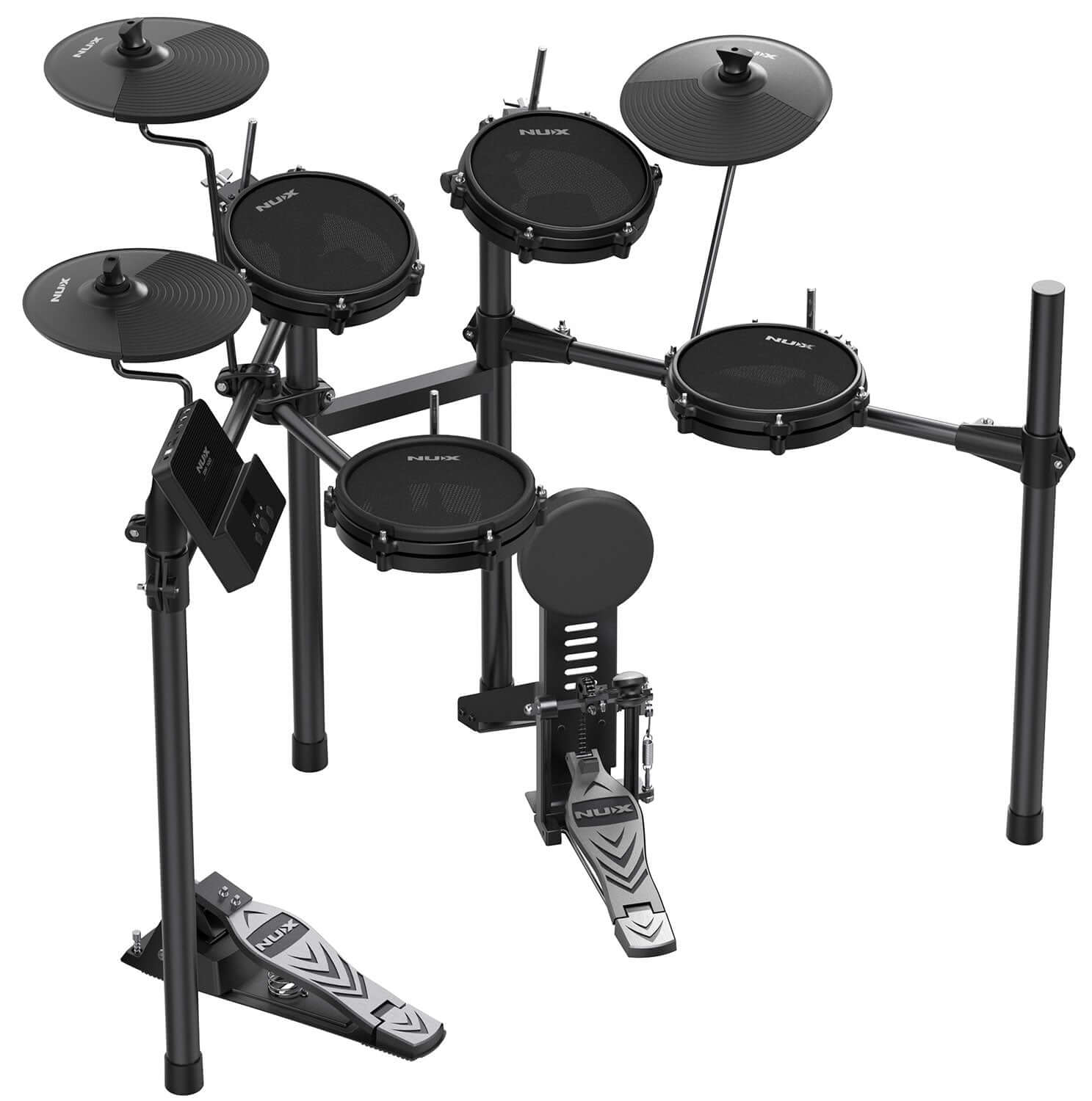 NU>X DM-110 Digital drum kit with mesh drum pads and cymbals, ideal for beginners and professionals.