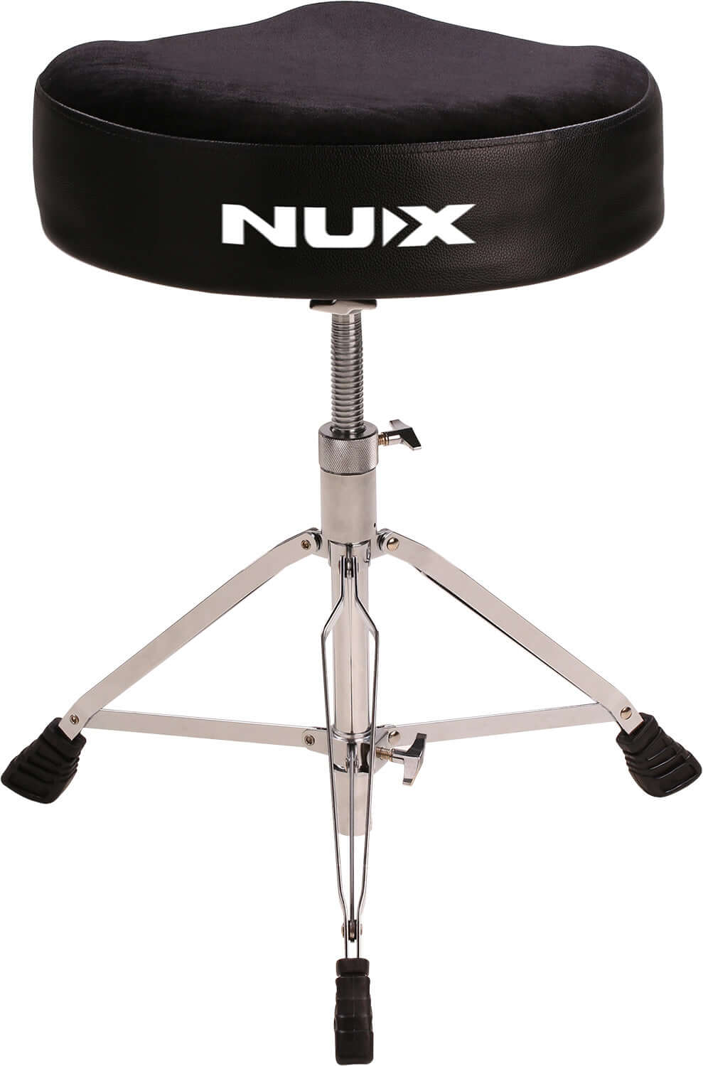 NU>X adjustable drum throne with a foldable double-braced tripod base, height adjustable from 490 to 600mm.