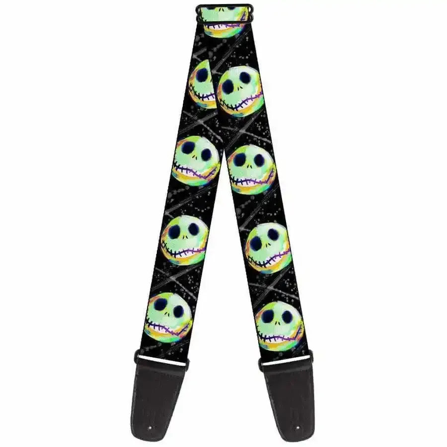 Buckle Down Nightmare Before Christmas Glow in the Dark guitar strap featuring colorful skull designs.