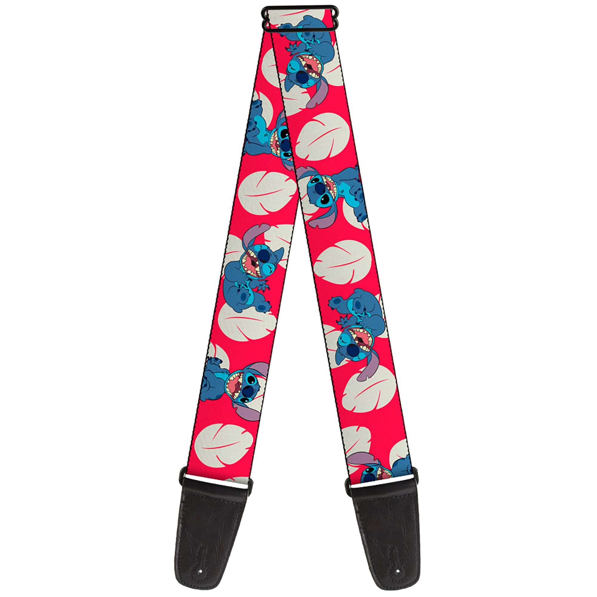 Buckle Down Lilo and Stitch guitar strap featuring colorful Stitch and tropical leaves on a vibrant pink background.