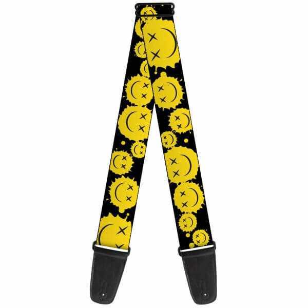Buckle Down Smiley Face Splatter guitar strap featuring vibrant yellow smiley faces on a black background.