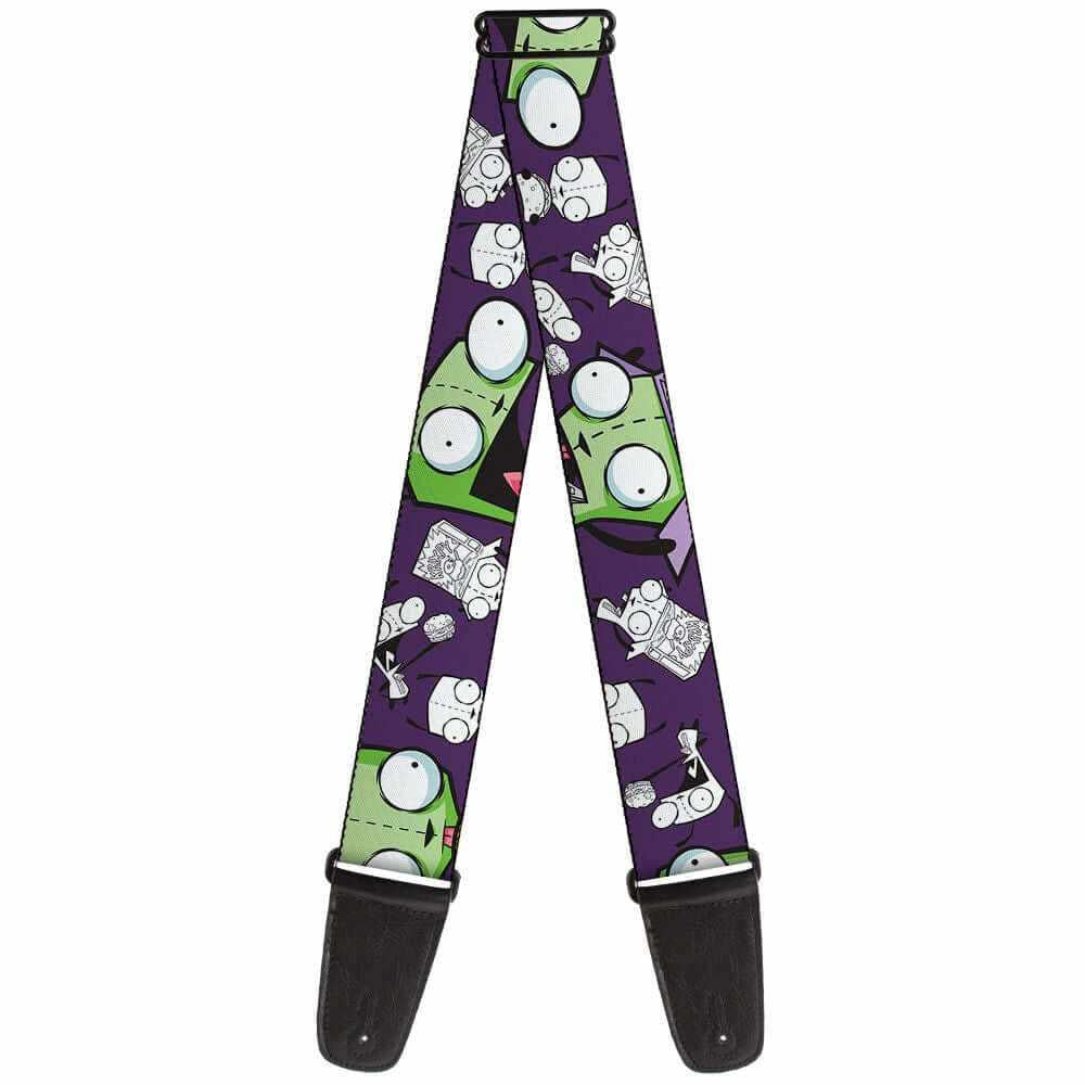 Buckle Down Invader Zim guitar strap featuring colorful character designs on a purple background.