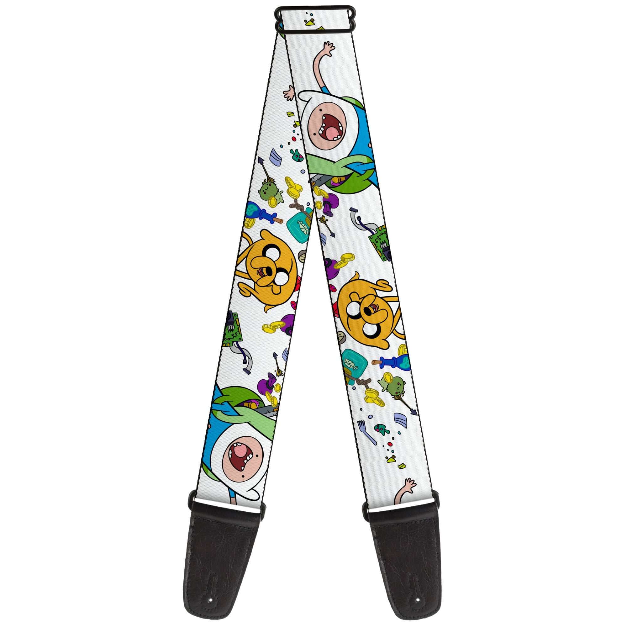 Buckle Down Adventure Time Jake and Finn Guitar Strap featuring colorful characters and designs for fans.