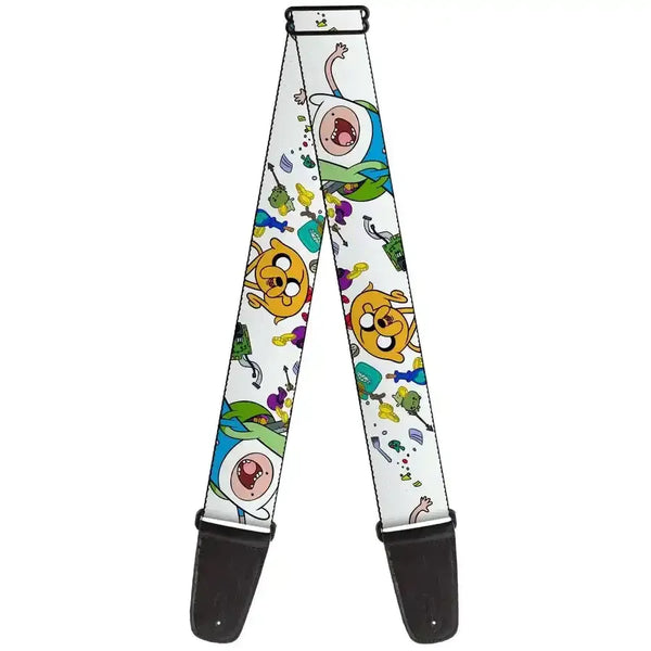 Buckle Down Adventure Time Jake and Finn Guitar Strap featuring colorful characters and designs for fans.