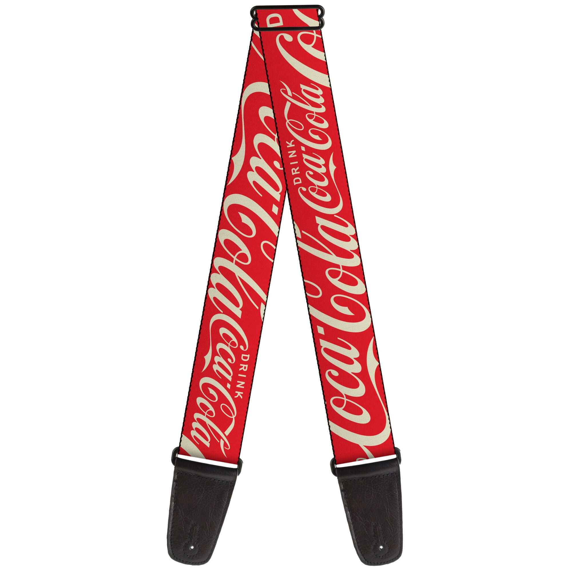 Buckle Down Coke guitar strap featuring iconic Coca-Cola branding in vibrant red and white colors.
