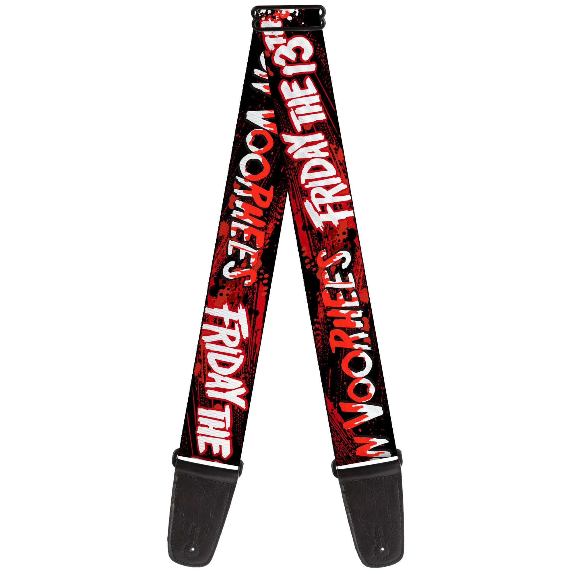 Buckle Down Friday the 13th guitar strap featuring bold graphics and horror-themed design in black and red.