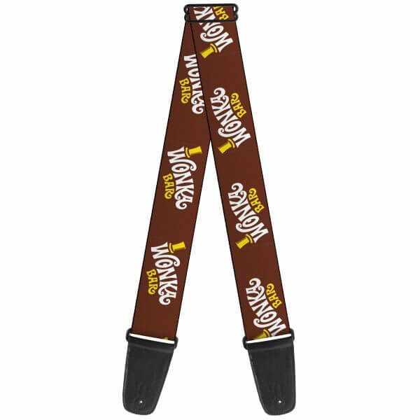 Buckle-Down Wonka Bar guitar strap featuring colorful Wonka Bar logos on a brown background.