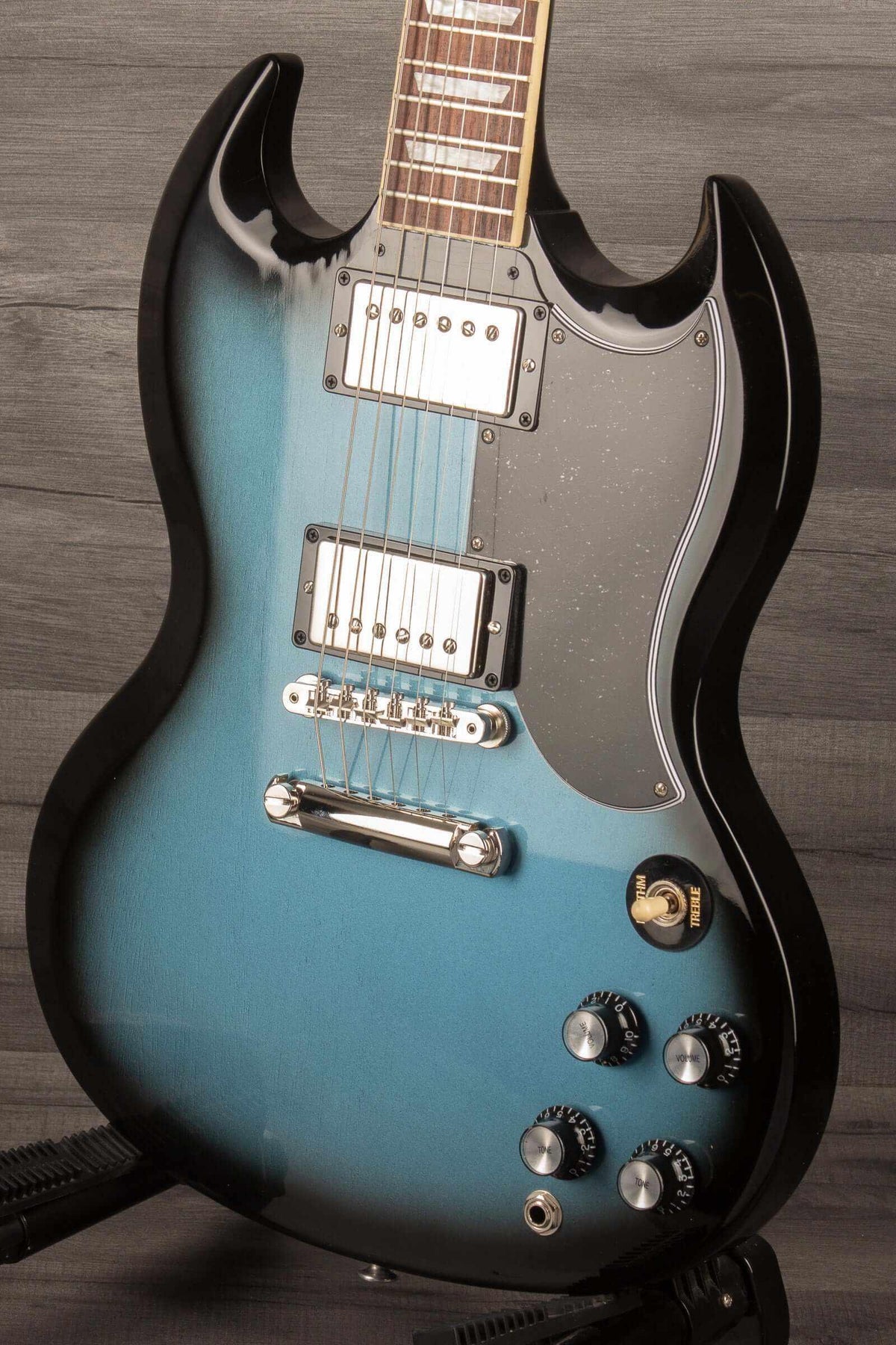 Gibson SG Standard '61 Stopbar Electric Guitar - Pelham Blue Burst with double-coil pickups and mahogany neck.
