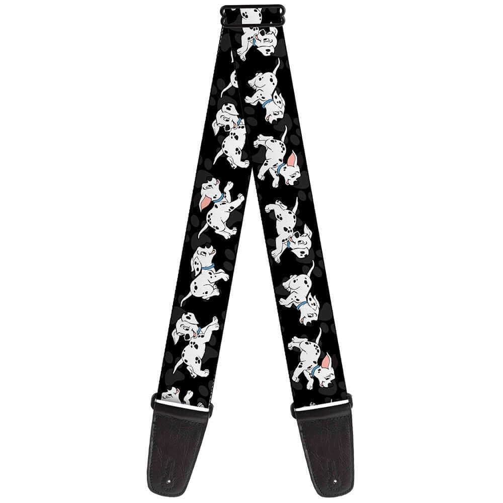 Buckle Down Dalmatians running guitar strap featuring playful Dalmatians on a black background.