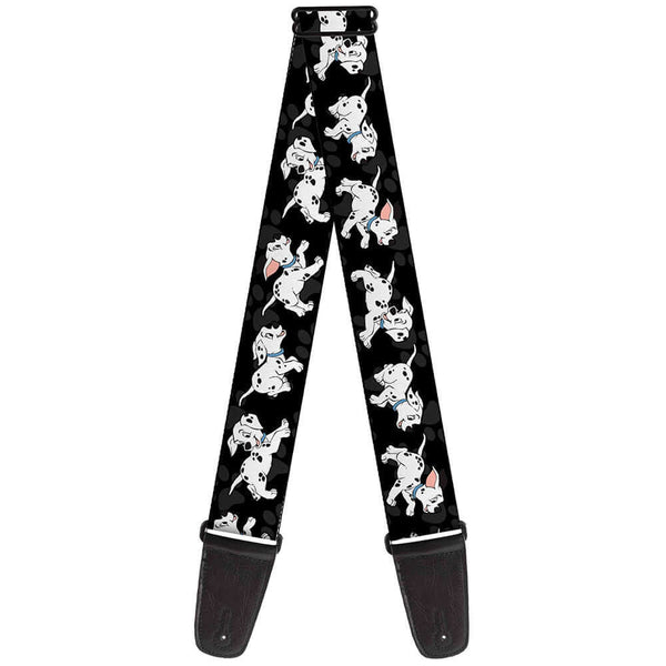 Buckle Down Dalmatians running guitar strap featuring playful Dalmatians on a black background.