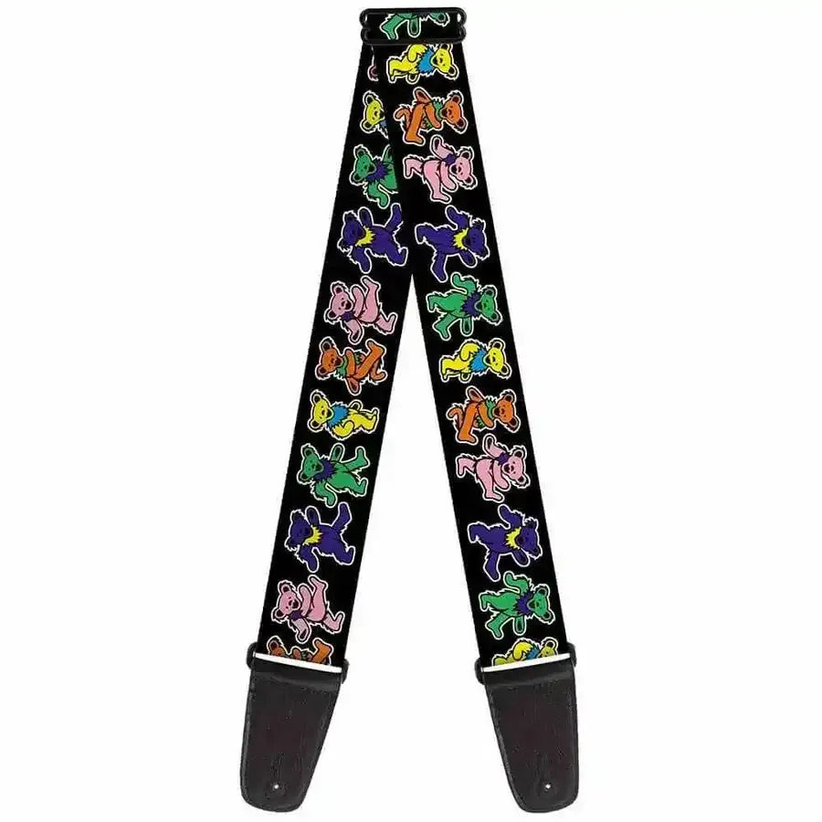 Buckle Down Grateful Dead guitar strap featuring colorful dancing bears on a black background.