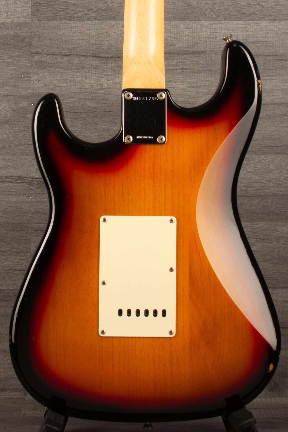 USED - Squier Stratocaster s/b back view showing the sunburst finish and maple neck.
