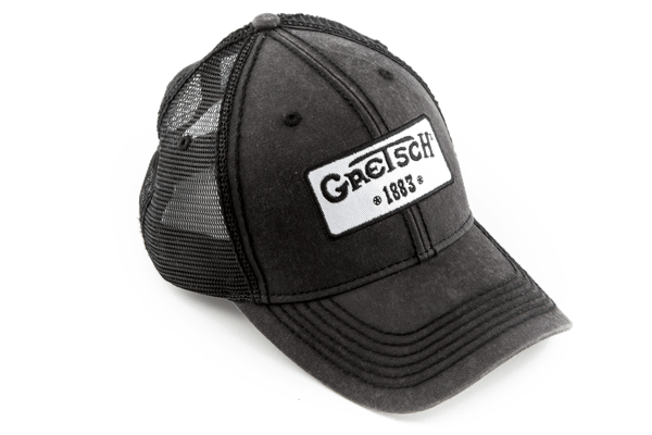 Gretsch® trucker hat featuring vintage style, black mesh, adjustable fit, and Gretsch 1883 logo.