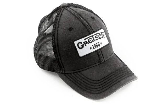 Gretsch® trucker hat featuring vintage style, black mesh, adjustable fit, and Gretsch 1883 logo.