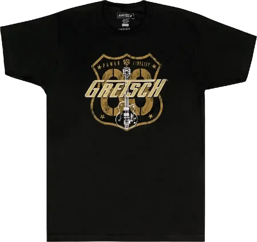 Gretsch® Route 83 T-Shirt, Black featuring a bold logo and guitar graphic on a soft black tee.