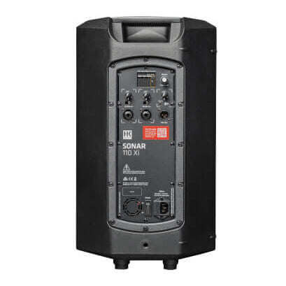 HK SONAR 110 Xi - 10" Full-Range Active Loudspeaker back view showcasing input channels and connectivity options.