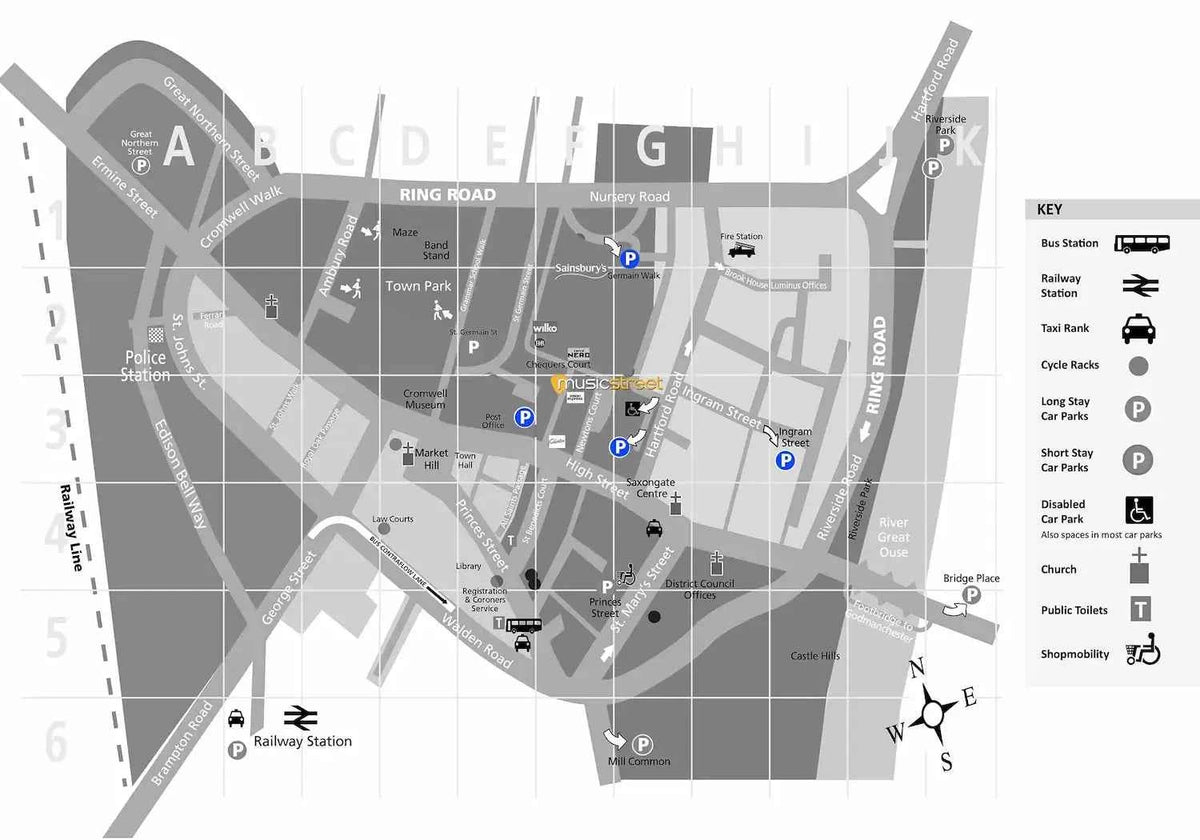 Map of a town layout with various locations marked, including roads and landmarks.